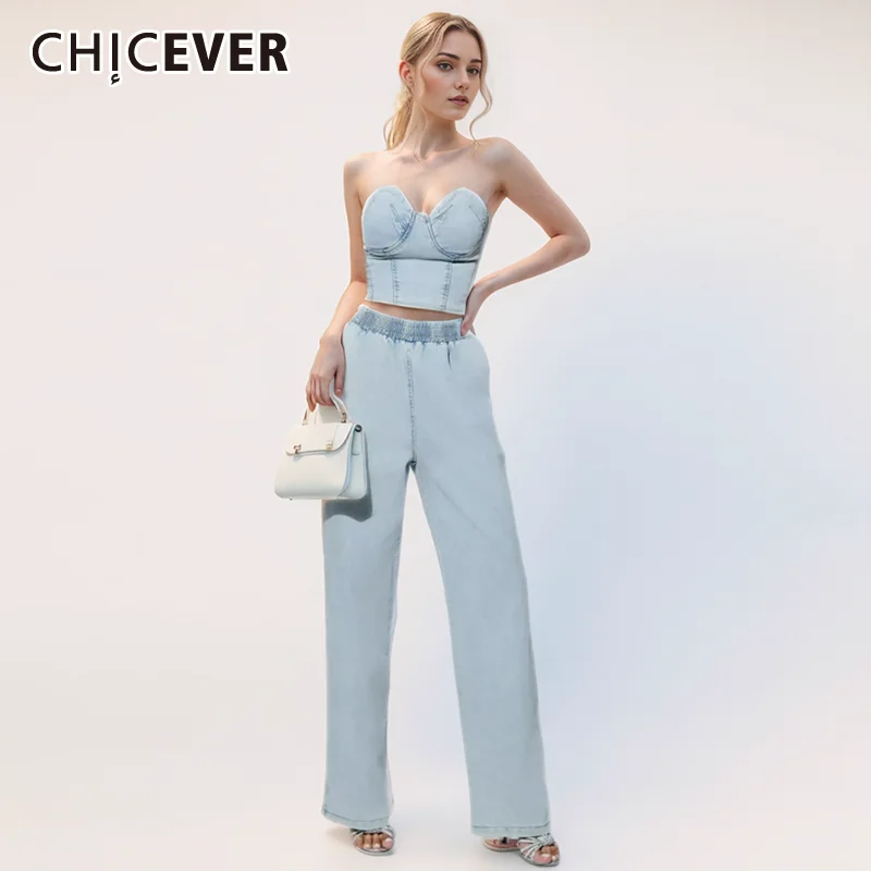 

CHICEVER Casual Denim Two Piece Sets For Women Strapless Sleeveless Spliced Zipper Top High Waist Straight Pant Solid Set Female