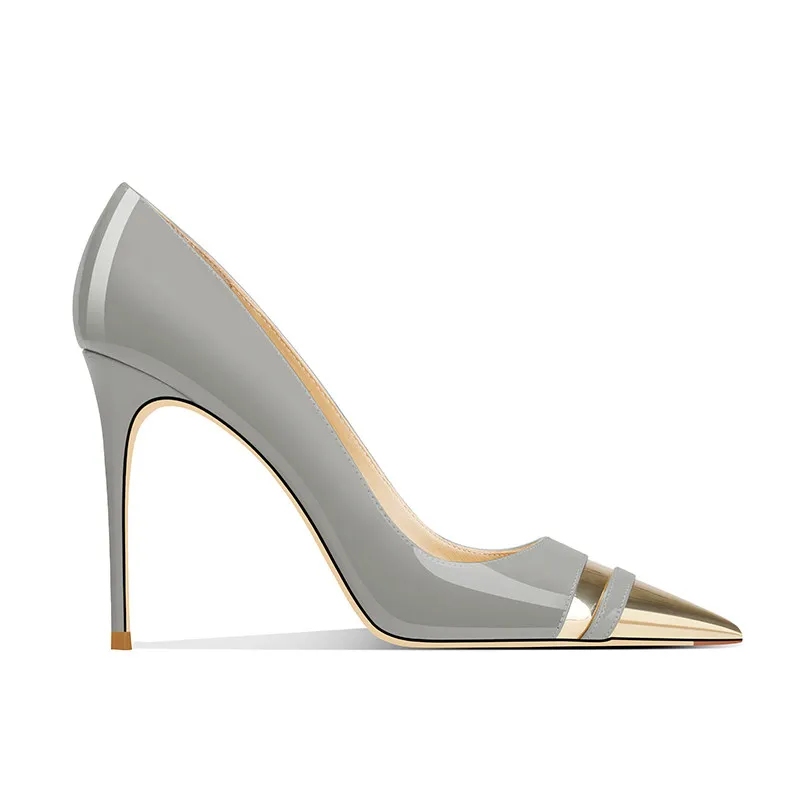 Women Genuine Leather Shoes Fashion High Heeled Pumps with Metal Decoration Gray Sping Summer Stilettos Elegant Single Shoe