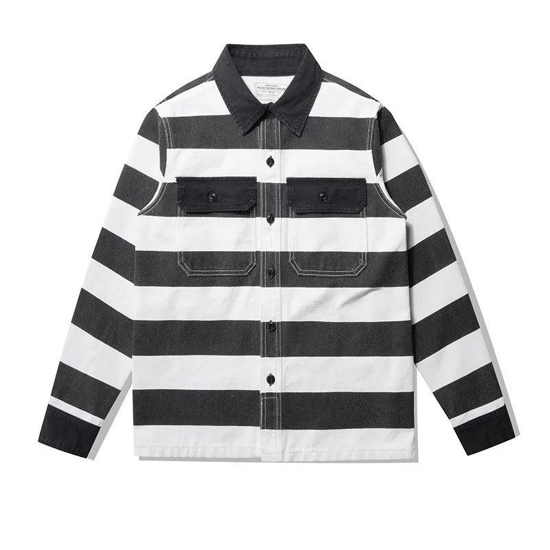 Autumn New American Retro 16oz Heavyweight Prisoner Striped Jacket Men Fashion Pure Cotton Washed Thick Canvas Motorcycle Coat