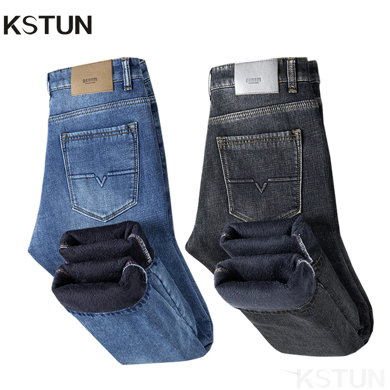

KSTUN Warm Jeans Men Straight Cut Fleece Denim Pants Stretch Winter Trousers Thicken 2024 Men's Clothing Business Casual Homme