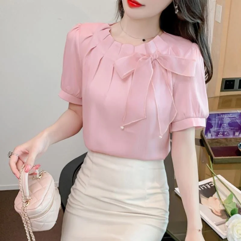 3XL Women Spring Summer Blouses Shirts Lady Fashion Casual Short Sleeve Bow Collar Clothing Solid Color Blusas Tops TT0797