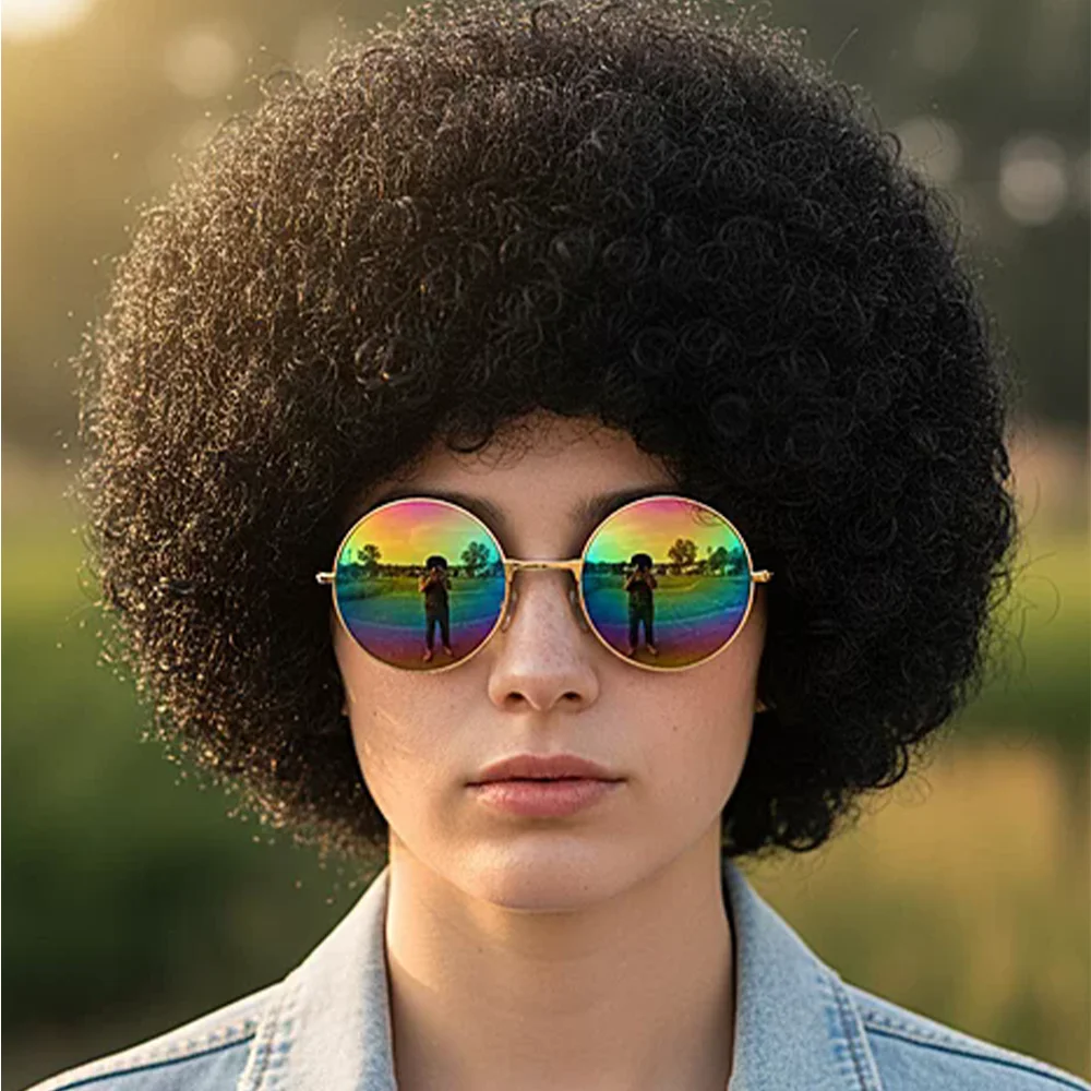 

PESENAR 60s Disco Costume Set: Rainbow Round Sunglasses & Black Afro Wig - Perfect for Retro Themed Parties