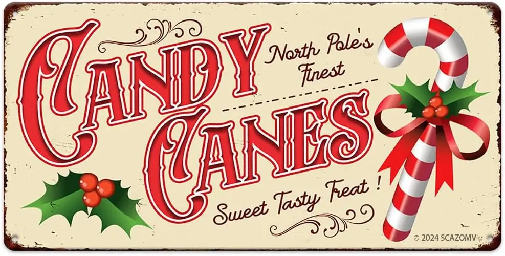 Christmas Decorations North Poles Finest Candy Canes Sweet Tasty Treat Metal Tin Sign Vintage Poster for Kitchen Cafe Bar Home W