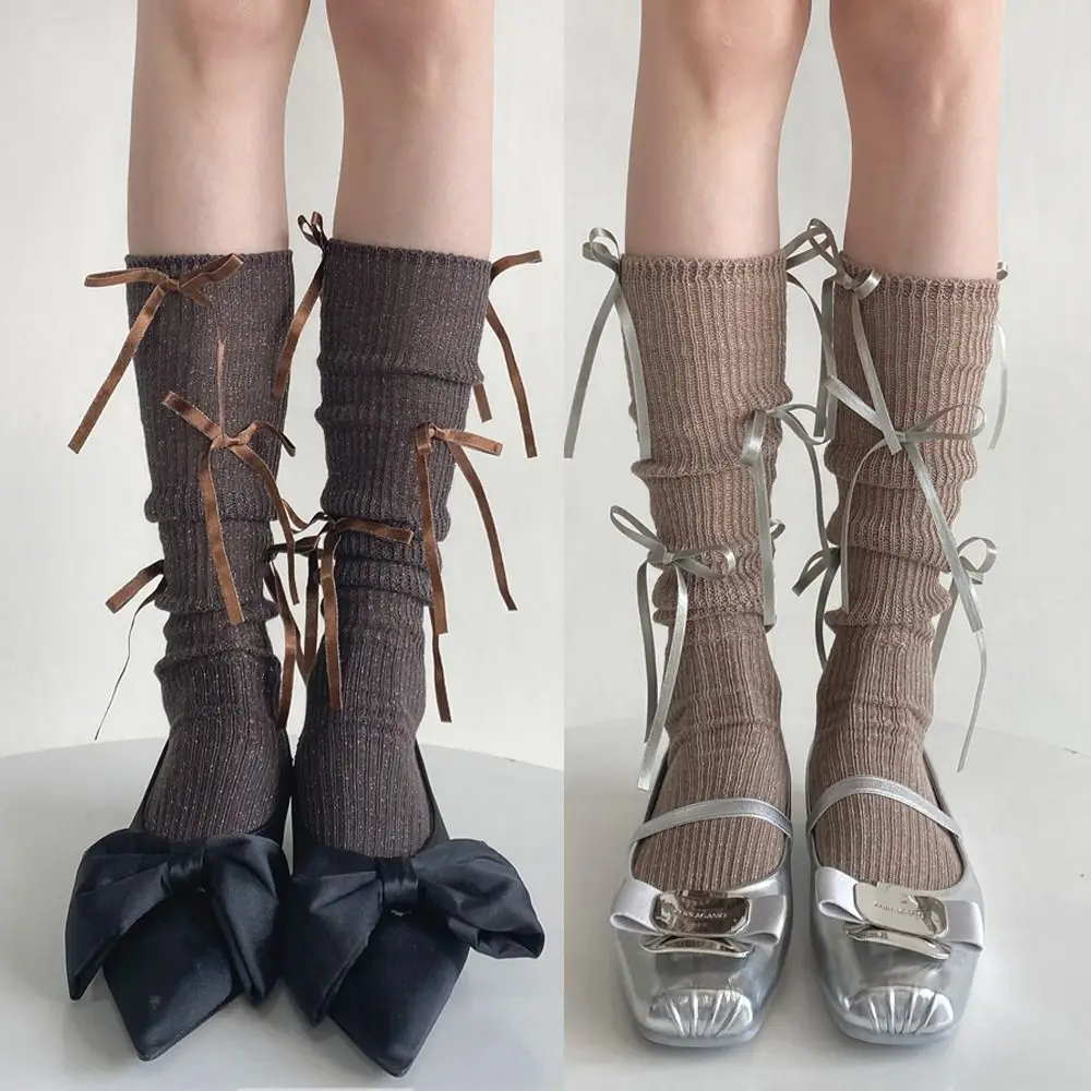 

Сплошные цветные чулки в стиле Лолиты, хлопковые высокие носки до середины икры с бантом, эластичные средние носки-трубы с украшением в стиле Лолиты