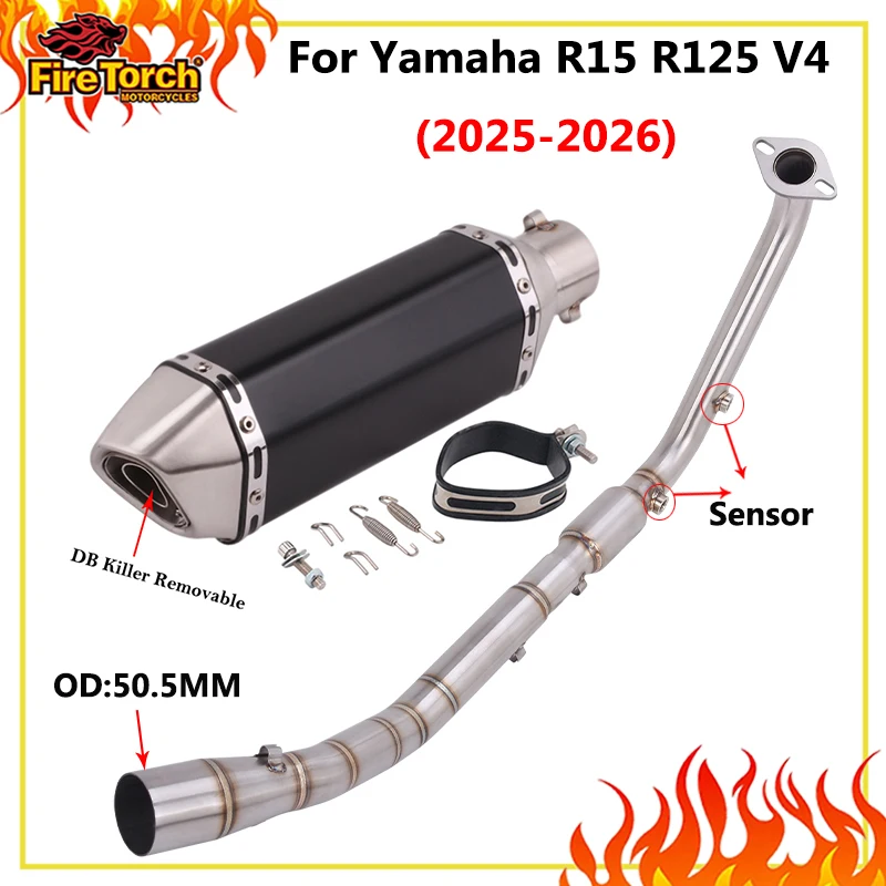 Slip On For Yamaha YZF R15 V4 MT-15 R125 2025 2026 Euro 5 Motorcycle Exhaut Front Middle Link Pipe Escape 51mm Muffler 2 Sensors