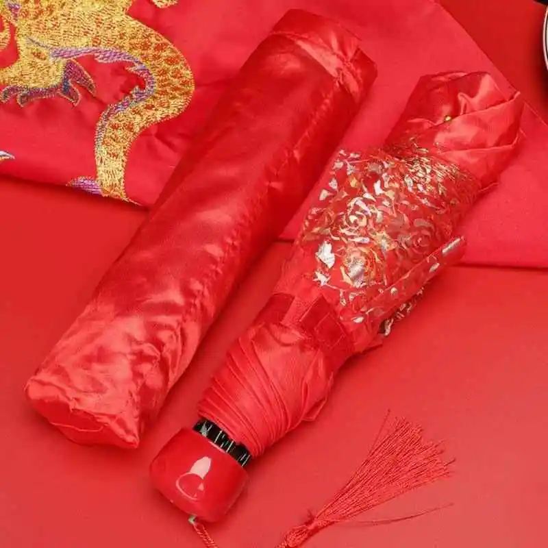 

Wedding Celebration Red Lace Trim Umbrella S301 Bride Rain Umbrella Chinese Style Marriage Ceremony Festive Wedding Rain