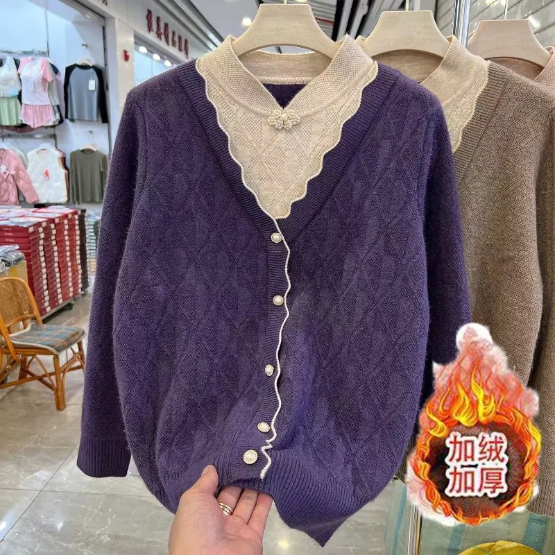 Women Cheongsam Collar Fleece Lined Knit Sweater Winter Warm Mom Style Thick Long Sleeve Bottoming Top