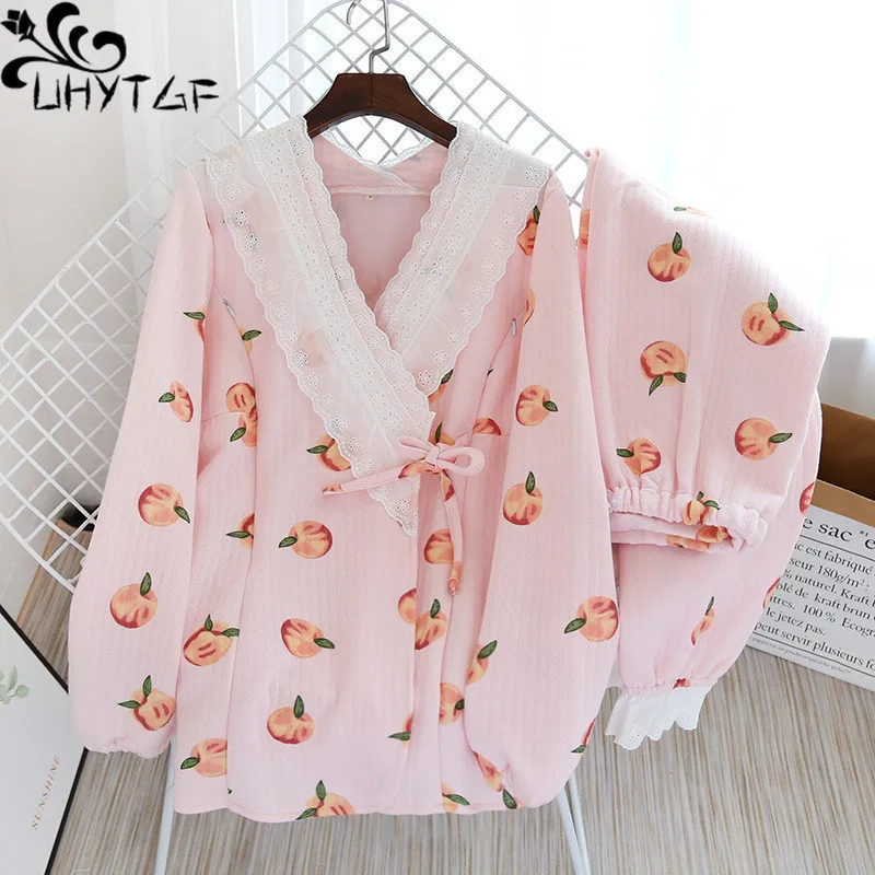 

UHYTGF Large Size Pajamas Women's Sweet Clip Cotton Month Clothe Sleepwear Autumn Winter Two-Piece Set Home Clothes Female 2684