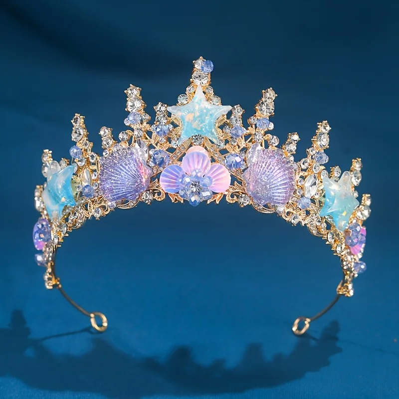 Baroque Mermaid Crown Headband with Starfish Shell Rhinestone Hair Accessory for Wedding Party Festival Costume