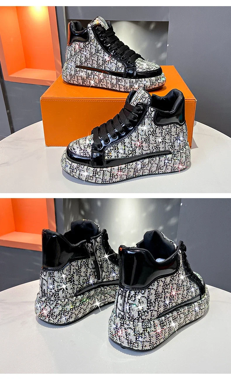 Women's Full Diamond Platform Sneakers Personalized Water Diamond Colored Embroidery Casual Shoes High Top Luxury Sports Shoes