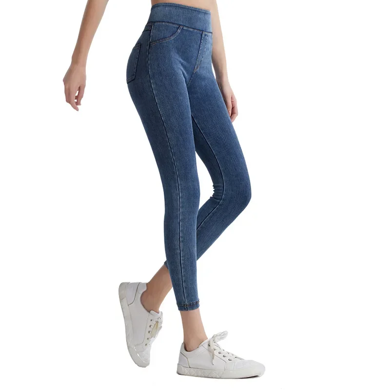 Hohe Taille, kleine Beinhose, Imitationsjeans, Damen, Skinny Lift, Gesäß, Bauch, Stretch, draußen, um Doppeltaschen-Fitnesshose zu tragen