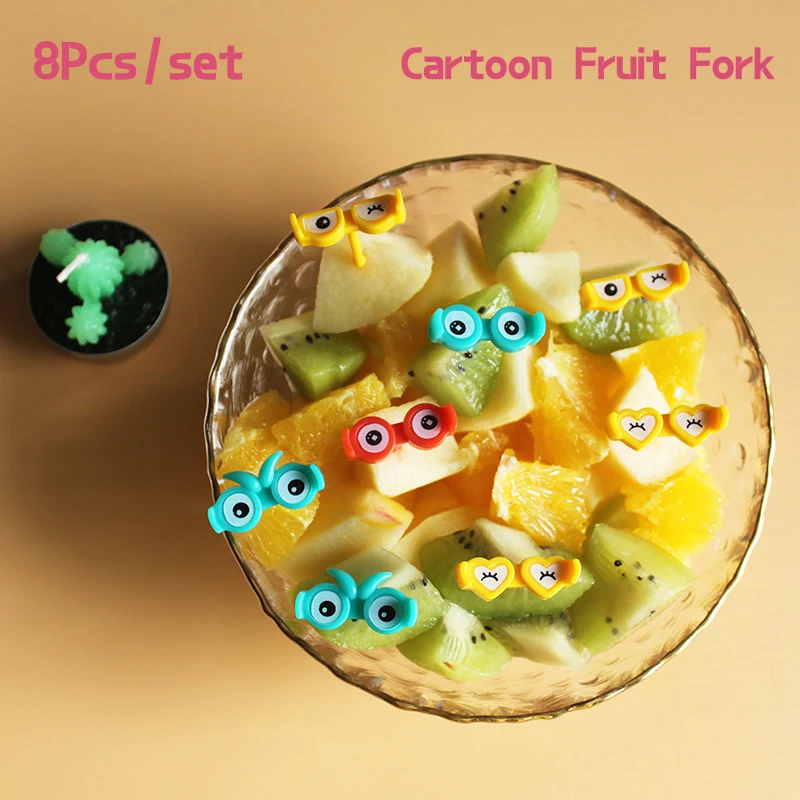 

8pcs Cartoon Glasses Fruit Fork Mini Cartoon Children Snack Cake Dessert Toothpick Bento Lunches Party Decoration