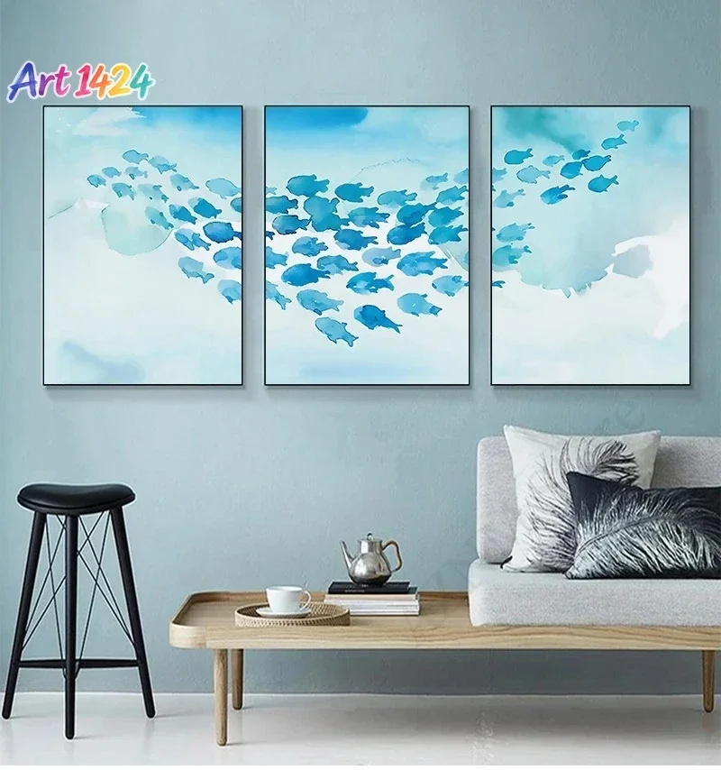 1pc frameless Abstract Poster Cartoon Blue Fish Group Canvas Childlike Wall Art Pictures Print Room Decorative For Nursery Ch