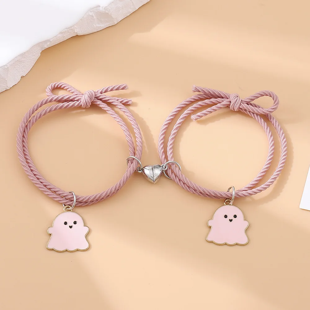 2Pcs/Set Ghost Braided Bracelet for Women Men Romantic Heart Magnetic Distance Couple Bracelet Friendship Halloween Jewelry Gift