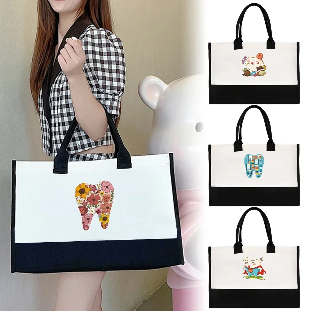 Women's Jute Bag Beach Bags Shopping Bag for Lady Reusable Large Capacity Teeth Printing Series Tote Bags Handbag