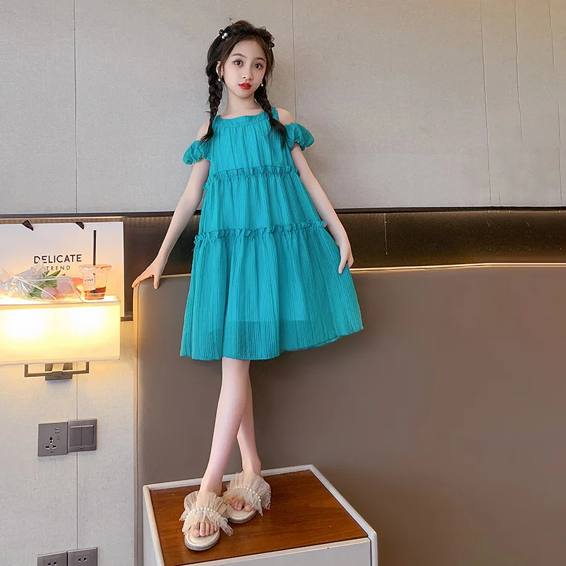 ZOETOP 2025 الكورية الصيف فتاة المدرسة فستان فتاة مراهقة قبالة الكتف فستان بحزام فتاة صغار لامعة الشاش فستان قطعة واحدة #4