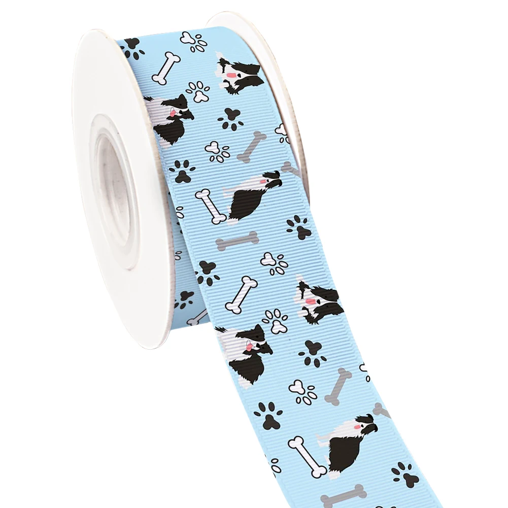 Cartoon Dogs Animals Paw Pattern Printed Grosgrain Satin Ribbon for Gift Wrapping Hair Bow 50 Yards