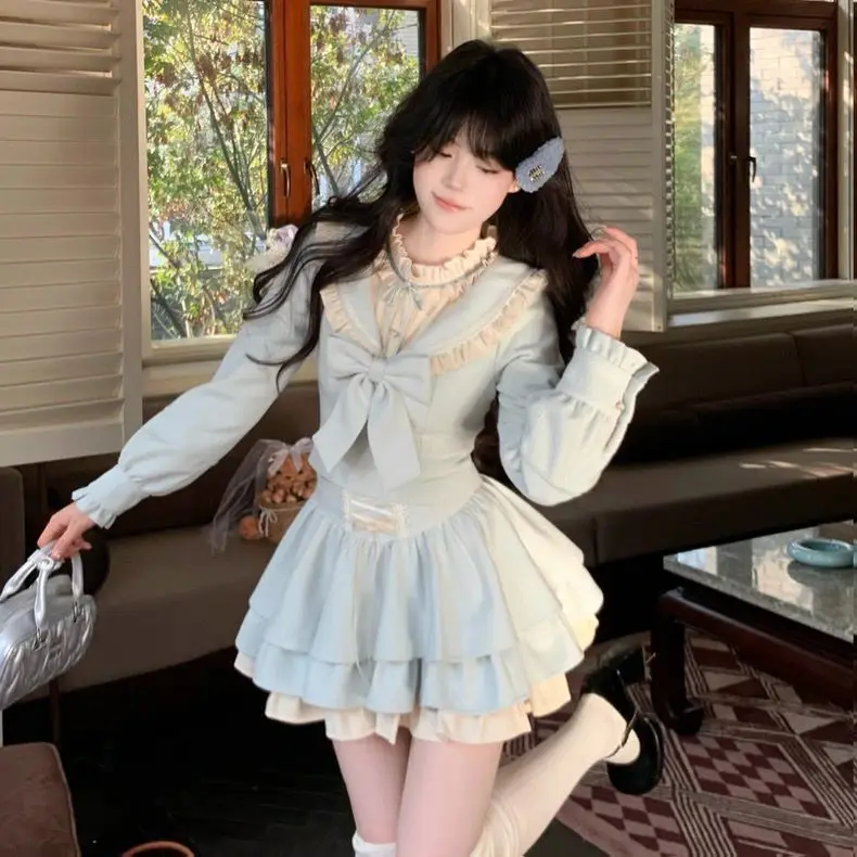 MAGOGO Light blue chic dopamine outfit Lolita sweet and fresh short skirt with slimming design and decorative bows on the dress