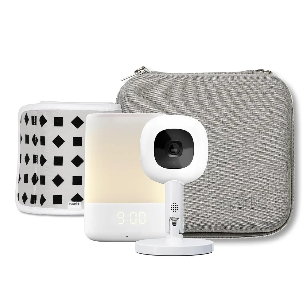 Travel Light Bundle Cámara Pro con soporte flexible portátil, monitor de audio con sonido + luz y luz nocturna para bebé y estuche de viaje - Gris