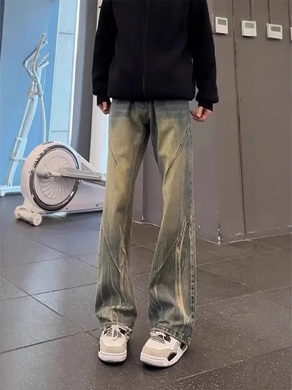 

Мужские джинсы с эффектом тай-дай и потертостями, прямого кроя, слегка расклешенные, в американском стиле, весенние, рабочие, с эффектом потертости, микро-клеш, американский стиль