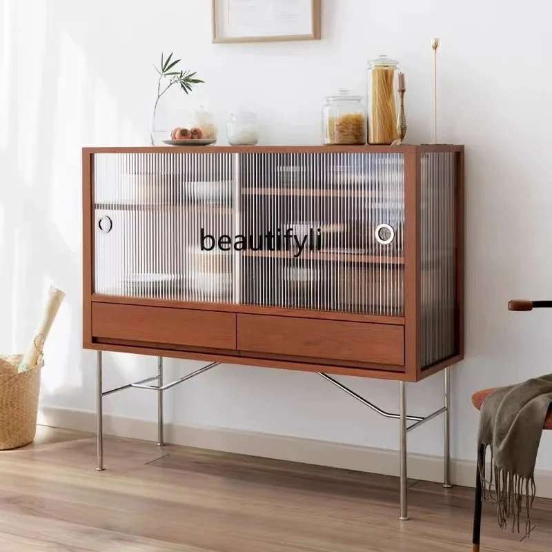 

Solid wood dining side cabinet, stainless steel glass, Japanese-style retro living room locker, low cabinet, small apartment