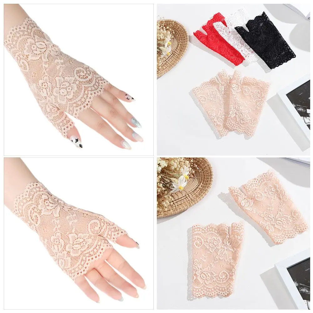 Fashion Women Spring And Summer Dance Lace Gloves Sunscreen Short Gloves Fingerless Driving Gloves Half Finger Mittens