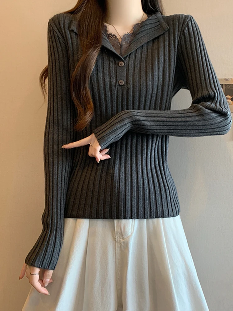 

Кружевной вязаный свитер с длинными рукавами для женщин, осенне-зимний, модный, облегающий, базовый, корейский, повседневный