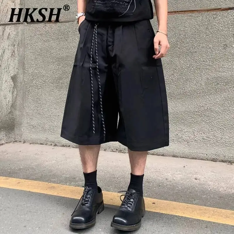 

HKSH Summer New Men's Tide Elegant Fashion Detachable Drawstring Suit Shorts Pleated Capris Chic Casual Solid Color Pants HK6078