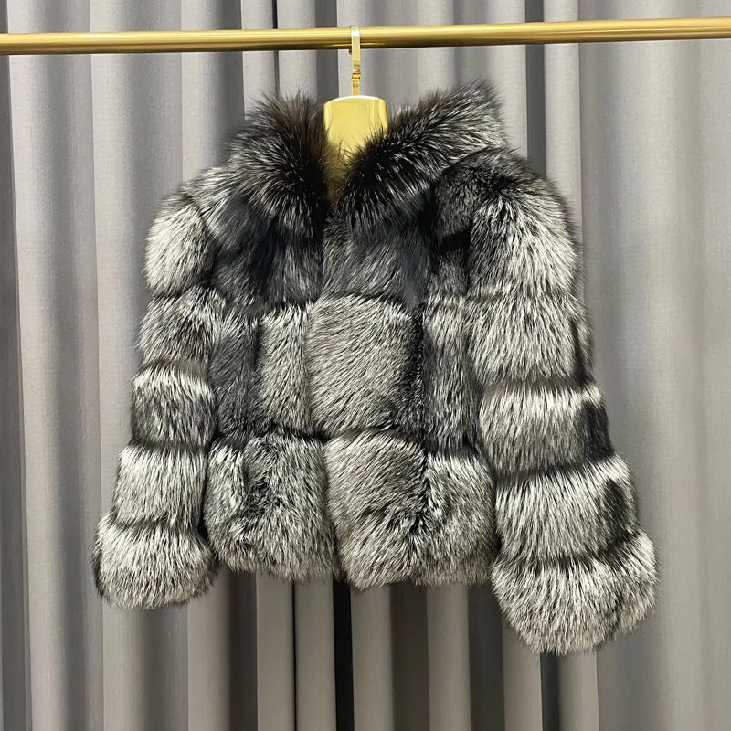 Winter Women's Natural Color Hooded Fur Jacket Short Warm High Quality Silver Fox Fur Jacket