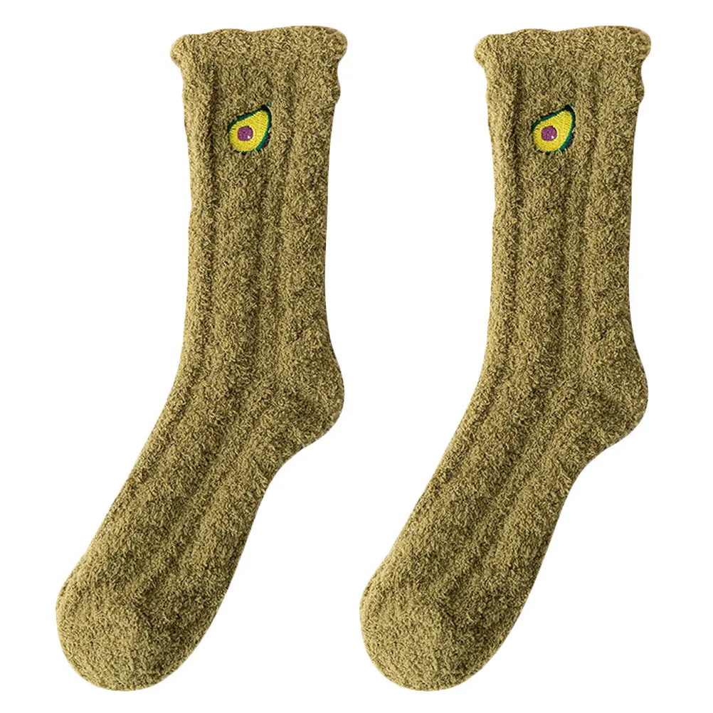 1쌍 두꺼운 코랄 플리스 따뜻한 수면 양말 과일 패턴 겨울 양말 실내 바닥 양말 코랄 플리스 양말