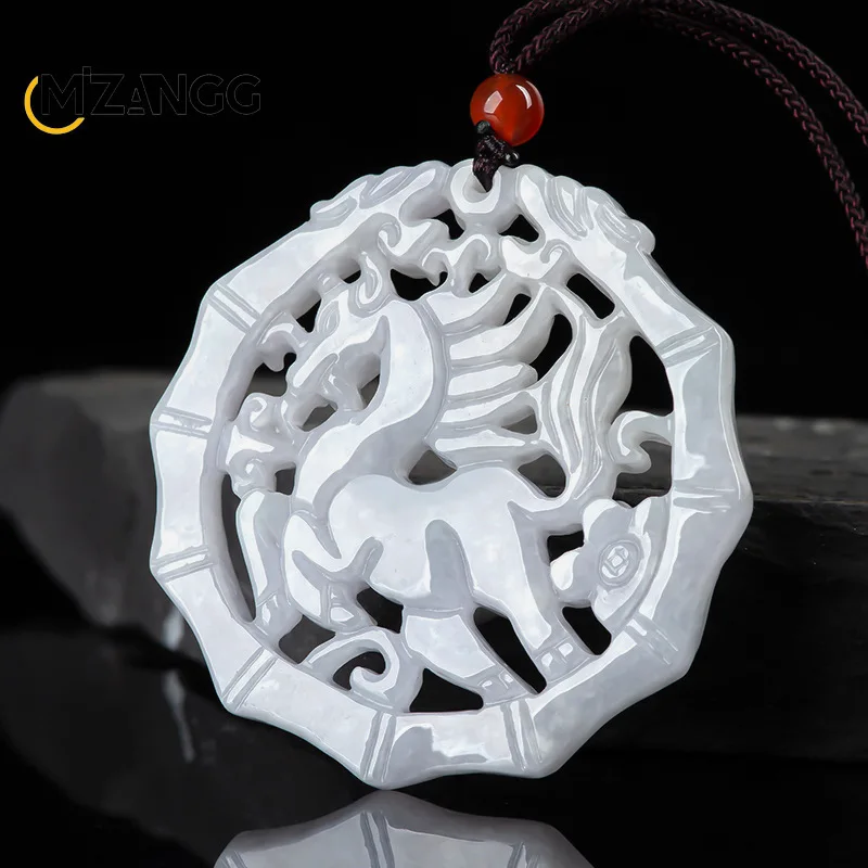 Natural Jadeite Retro Hollowed Zodiac Horse Bing Jade Pendant Luxury Fashion Men's and Women's Jewelry Necklace Holiday Gifts