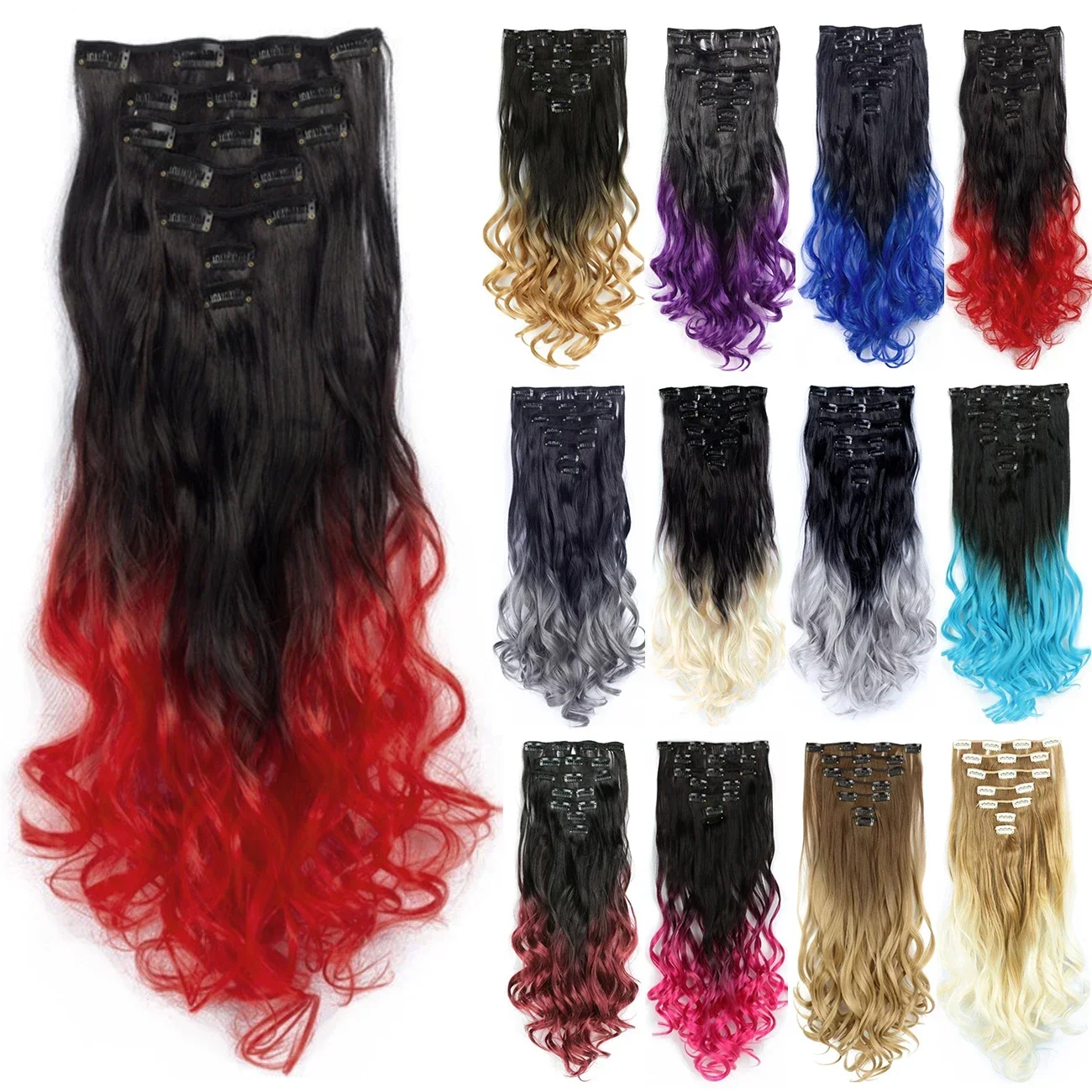 Curly Synthetic Ombre Red Clip in Hair Extensions Full Head Hair Pieces for Women Postiche Cosplay Hair Clip Ins