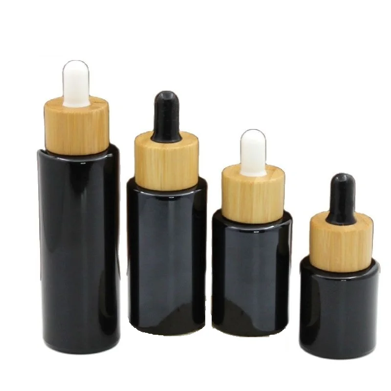 20/30/40/60ml Glass Dropper Bottle Bright Black Cylinder Aromatherapy Massage Essential Oil Drop Pipette Bottle Bamboo Collar