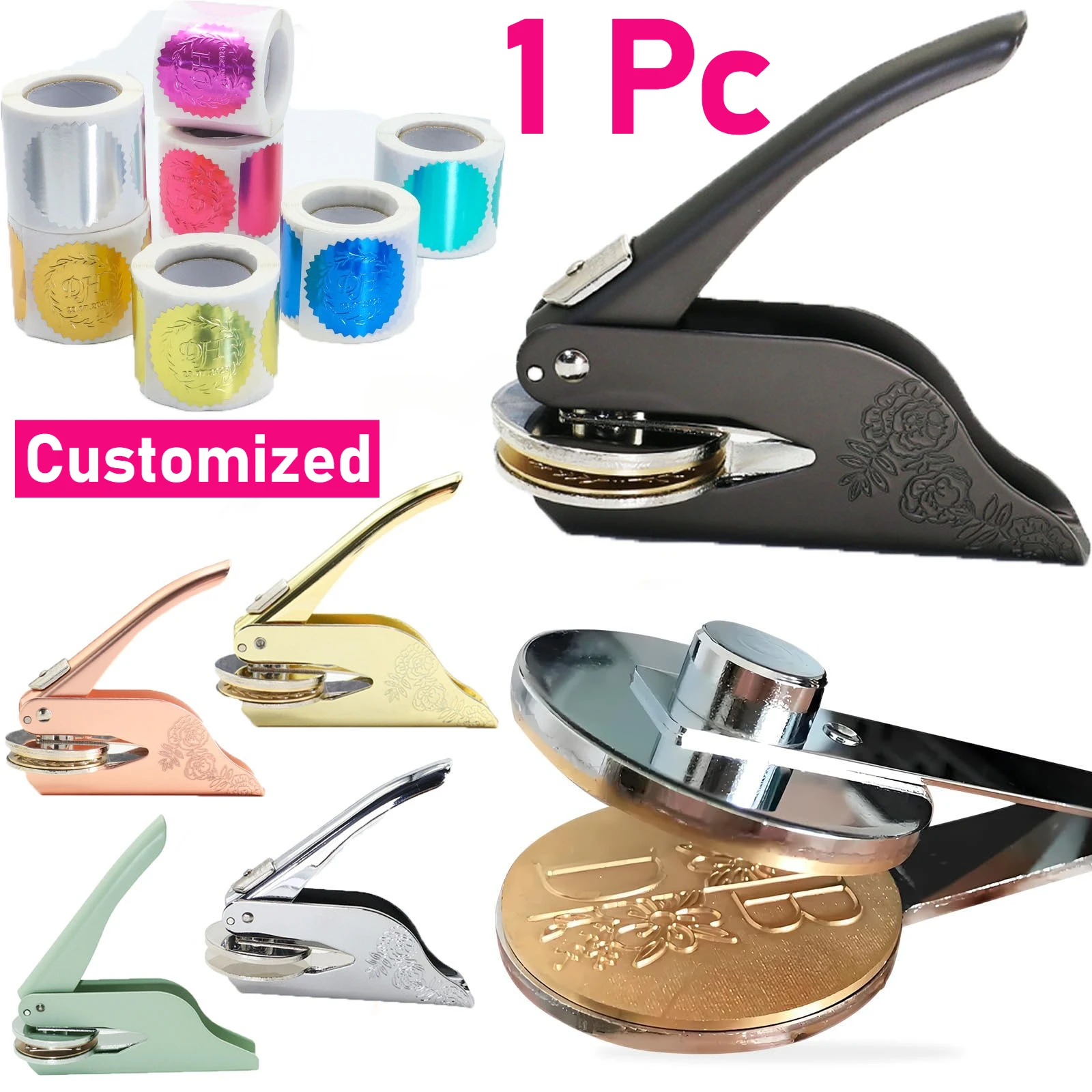 Custom Book Embosser Stamp 43mm in Diameter 10 Colors Personalized Logo Initial Embosser Stamp Library Book Steel Stamp Stickers