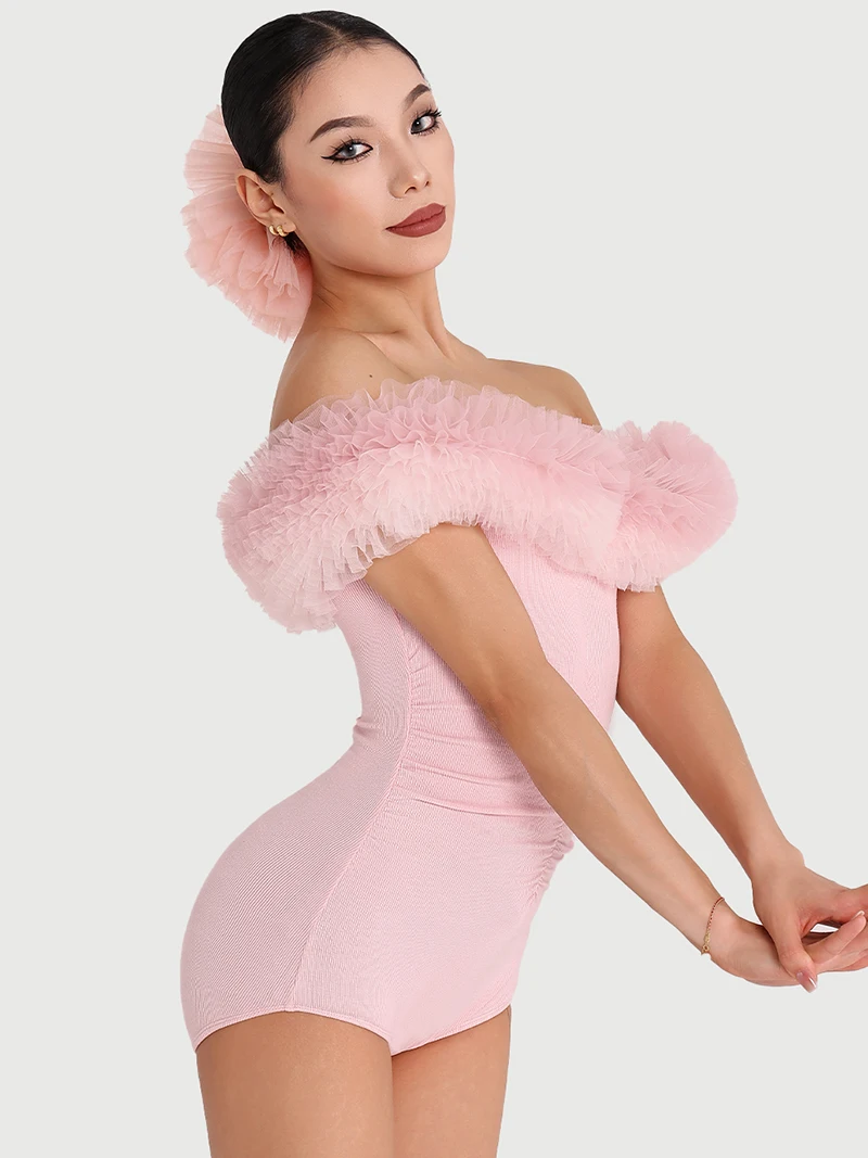 Ladies Latin Dance Tutu Mesh Bodysuit and Bright Armband Skirt Adult Practice Rumba Cha Cha Women Ballroom Competition Dancewear