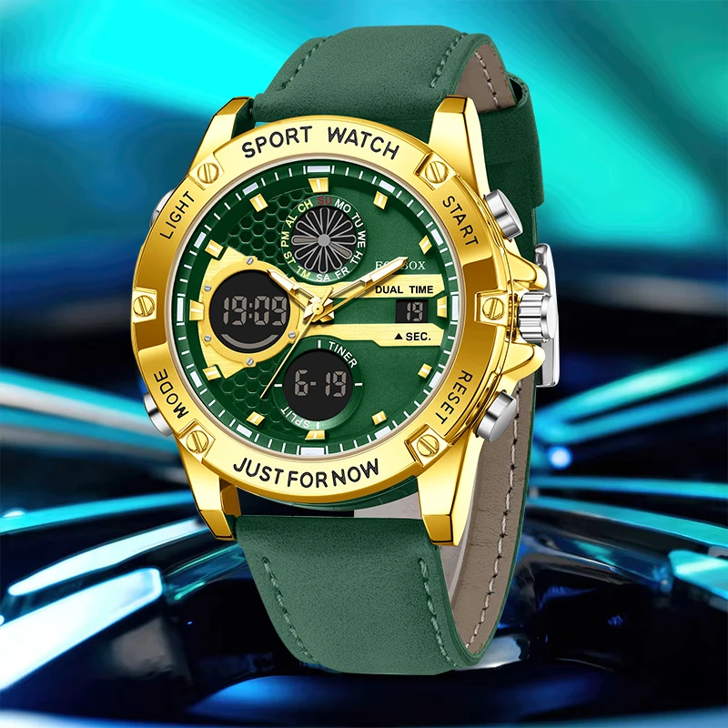 

Мужские наручные часы FOXBOX: модные, повседневные, спортивные, кожаные, водонепроницаемые, с двойным цифровым дисплеем, кварцевый хронограф