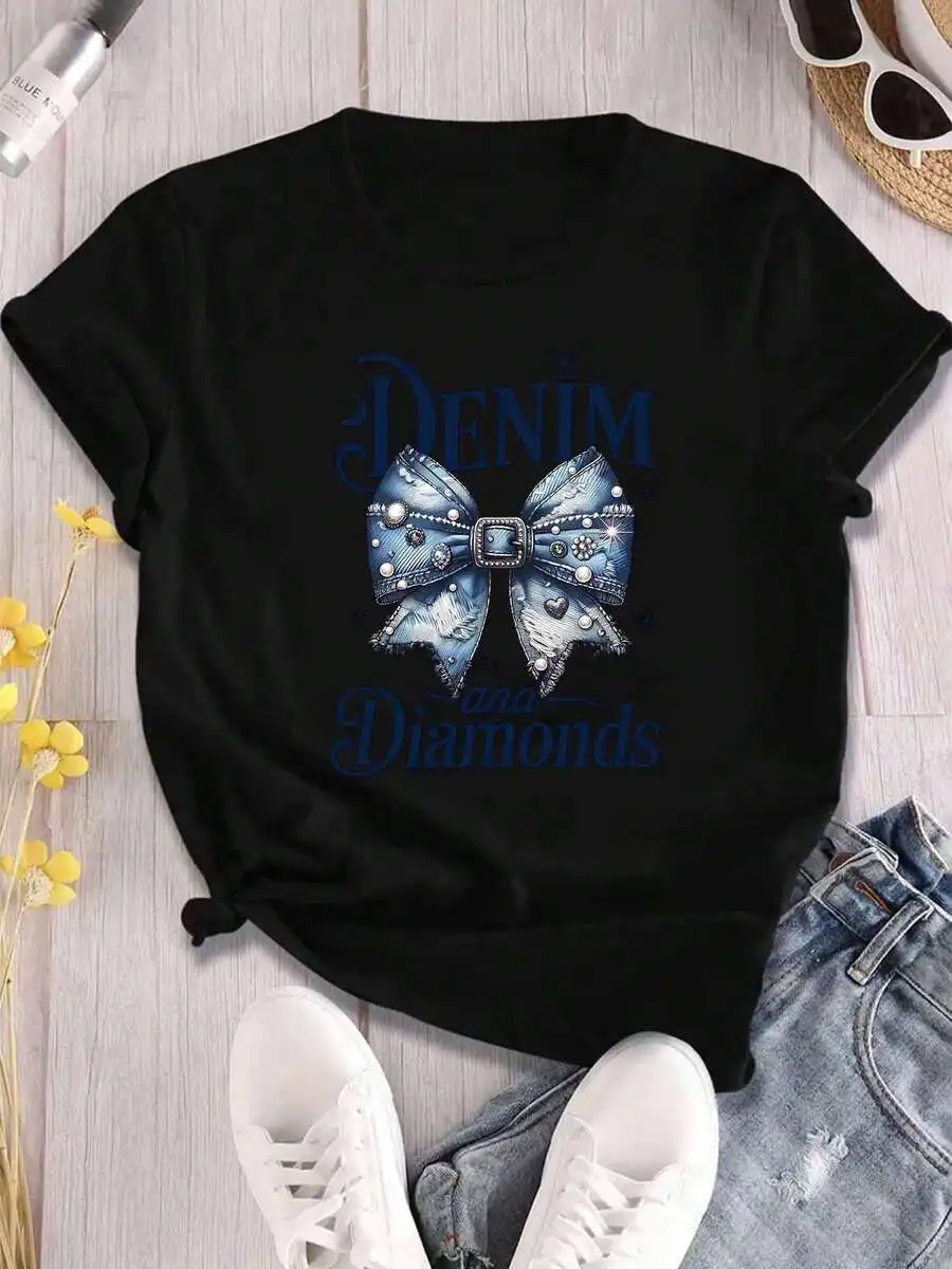

Women Round Neck T-Shirt Denim And Diamonds Bow Print Casual Summer Top