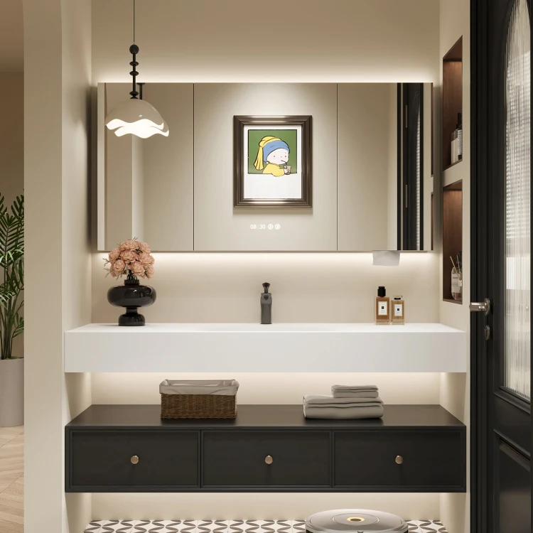 /32 36 40 Inch Stone Countertop Wash Basin Cabinet Set Single Sink Floating Bathroom Vanity with Mirror and Led Lights