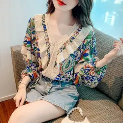 French Style Sweet Lace Floral Ruffle Edge V-neck Bubble Sleeve Shirt for Women's Spring Autumn New Long Sleeve Casual Loose Top