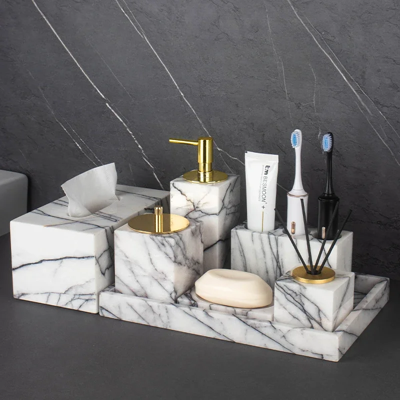 Modern luxury natural marble storage tray lotion bottle bathroom wash suit model room creative home hotel bathroom decoration