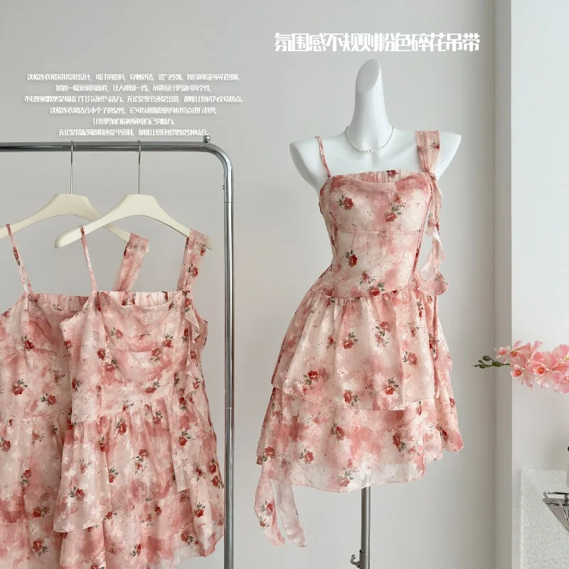 

Vacation Fairy Style Red Floral Dress for Women's Summer Irregular Strap Slim Fit A-line Short Dress Fashion Female Clothes