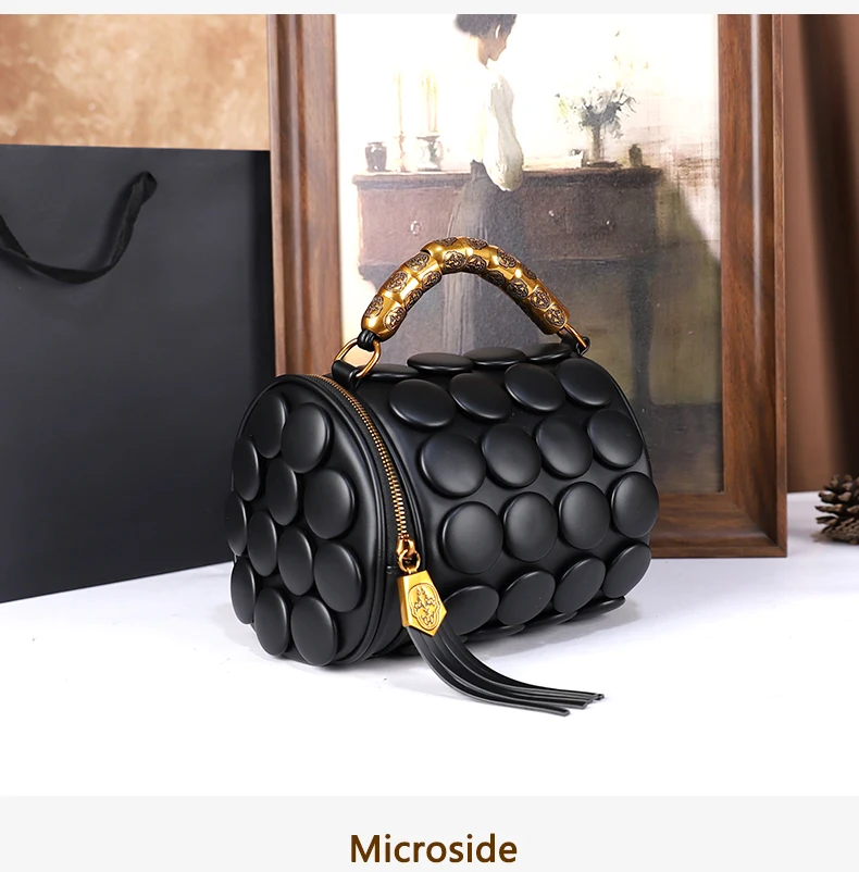 2026 Neues Design Damen Retro-Knopf-Lederhandtaschen Luxuriöse High-End Runde Röhrenförmige Bucket Bag Neue Mode Schulter-Umhängetasche – Detail 9