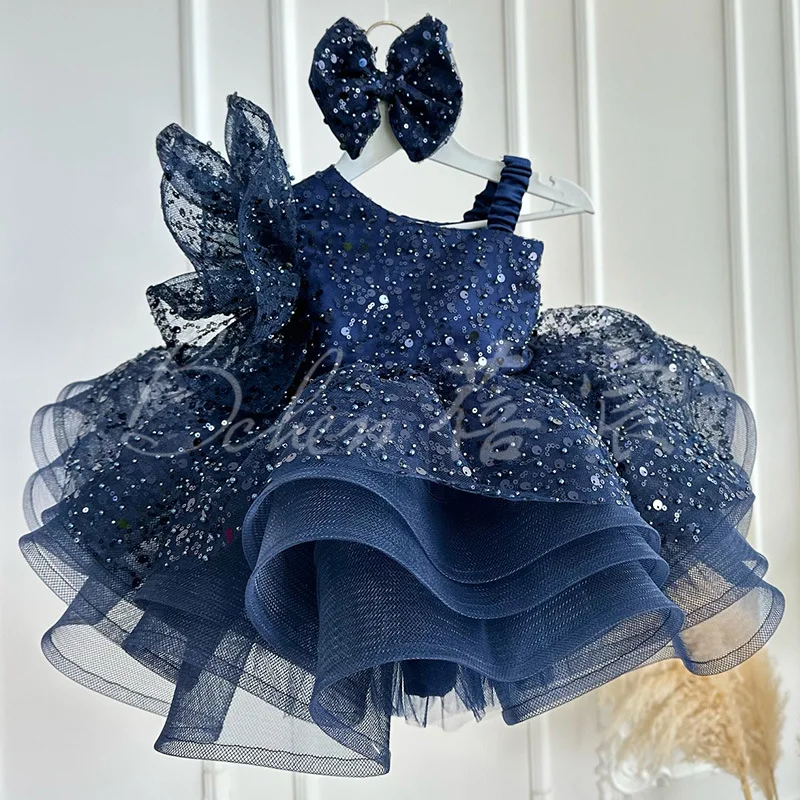 2025 New Blue Girls' Sequined Puffy Skirt, European and American Puffy Gauze Children's Dress, Amazon Hair Collection