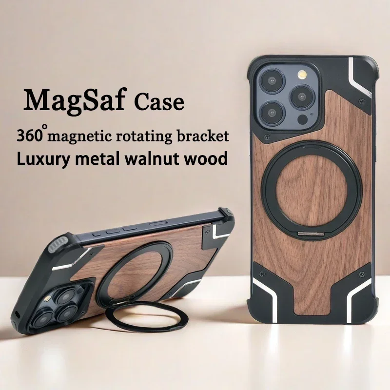 For iPhone 16 15 Pro Max Case 360° Rotating Magnetic Magsafe Car Phone Holder Walnut Wood Metal framework phone Protective cover