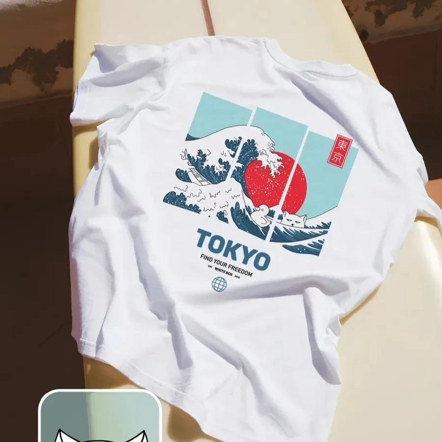 Art Design Y2K Funny Cotton T-Shirt Japanese Ukiyo-e Great Wave Cat Tokyo Graphic Loose Casual Streetwear Short Sleeve Top WOMEN