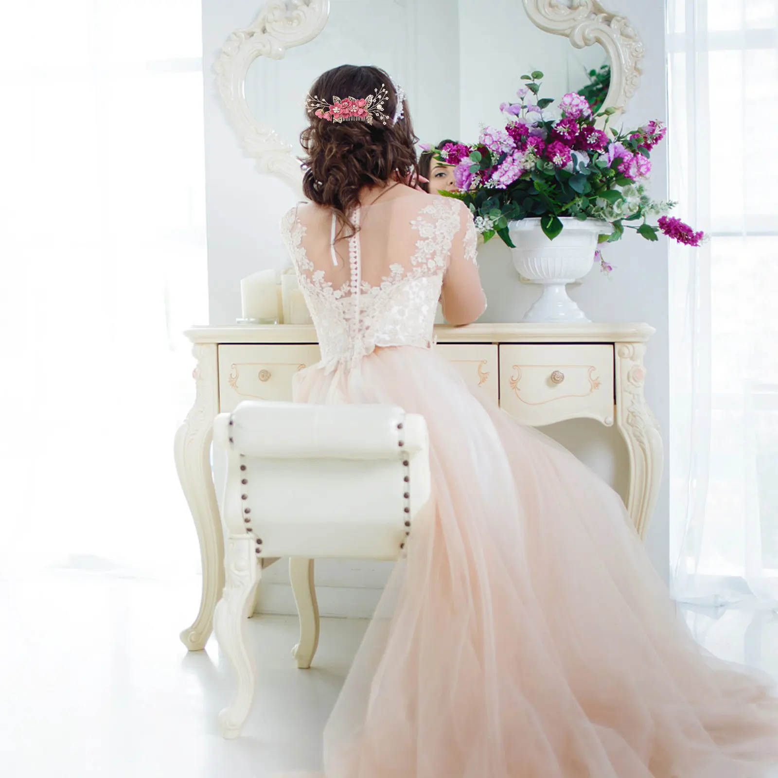 

1 Piece Wedding Hair Comb Rosy Alloy Crystal Bridal Hair Accessories for Bride Bridesmaid Party Prom Decoration