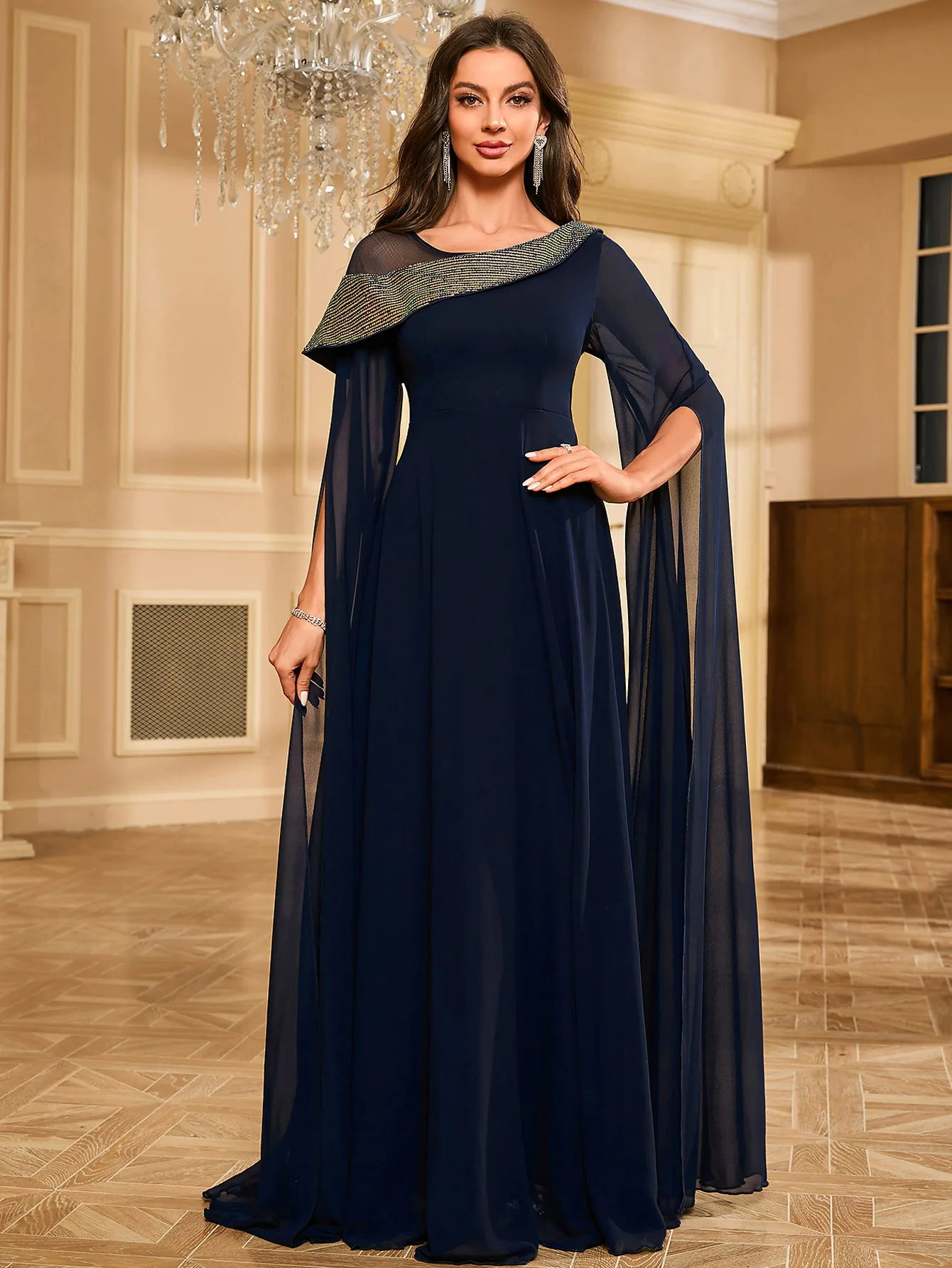 UNITHORSE Sequin Patchwork Chiffon Capelet Sleeve Formal Evening Dress