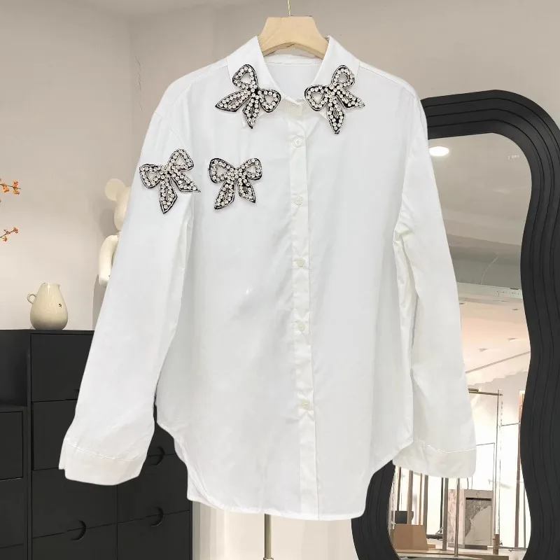 Neploe 2024 Summer New White Shirts Women Heavy Bow Beading Lapel Neck Blouses All-match Long Sleeve Loose Blusas Mujer