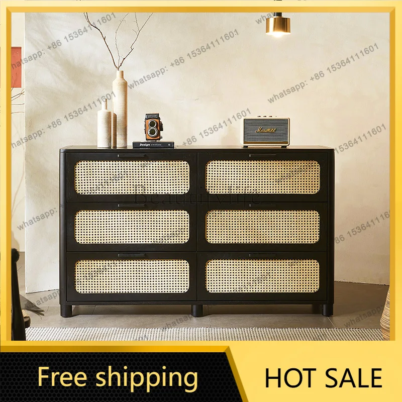 FG French solid wood retro rattan storage cabinet wabi sandy wind porch drawer storage cabinet
