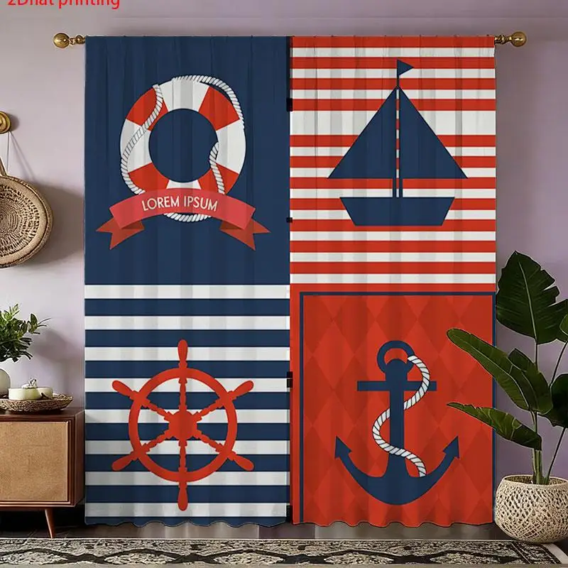 Nautical Coastal Curtains 2pcs Set Beach Decor Window Drapes Maritime Anchor Wheel Sailor Stripe Curtains for Living Room Bedroo